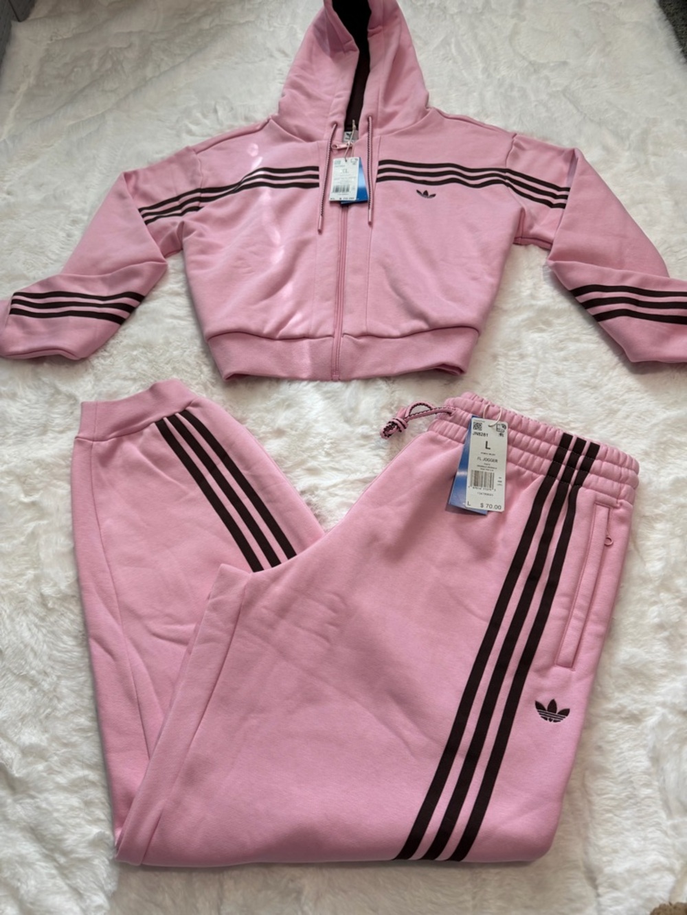 NWT Adidas Originals 70s Short Full Zip Fleece Hoodie & Joggers, True Pink - Picture 2 of 8